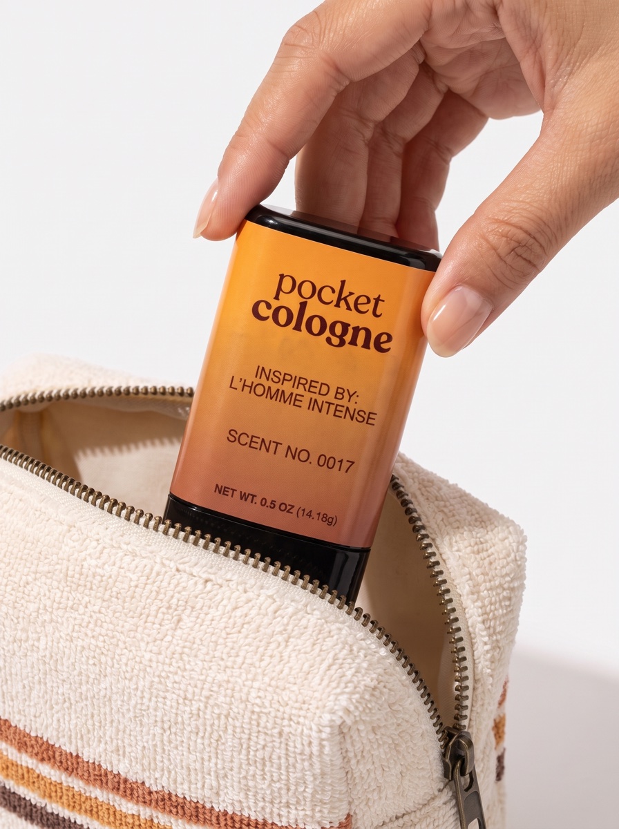 A Pocket Cologne stick going into a travel bag
